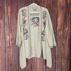 Paparazzi Womens Kimono Jacket Embroidered Open Front Beige Linen Blend Size XL